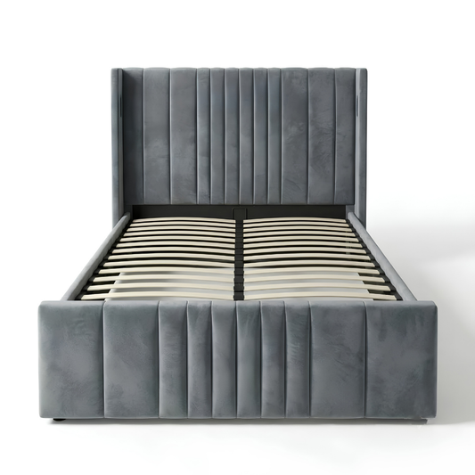 Queen Size Cushion Bed with Storage and Charging Station Velvet Fabric Model: 4465-1G