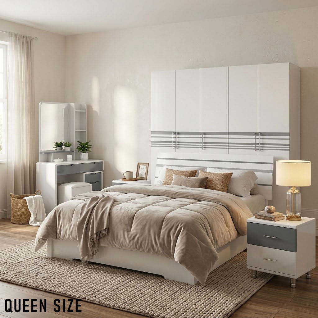 Queen Size Bedroom Set with Storage Bed & Open Door Wardrobe Model: P027