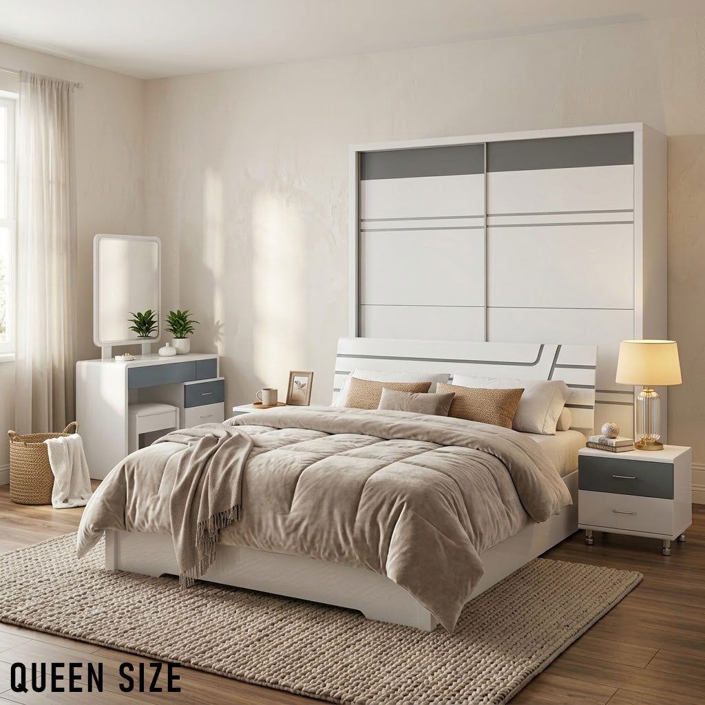 Queen Size Bedroom Set with Storage Bed & Sliding Door Wardrobe Model: P025