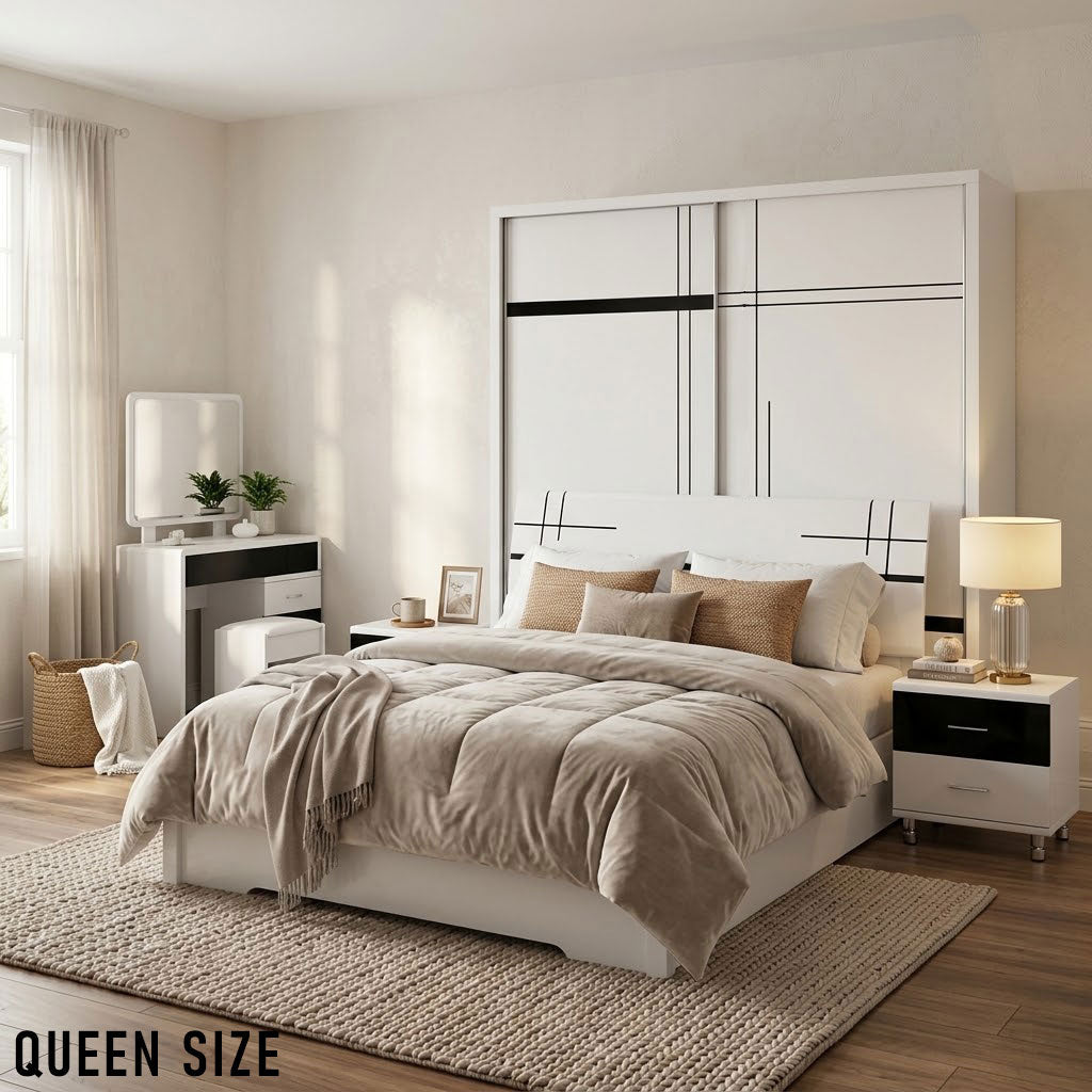 Queen Size Bedroom Set with Storage Bed & Sliding Door Wardrobe Model: P002