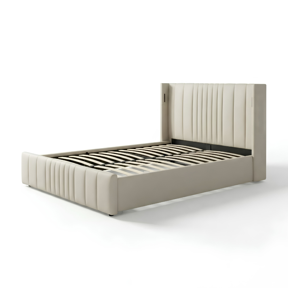 Queen Size Cushion Bed with Storage and Charging Station Leather Model: 4465-1G