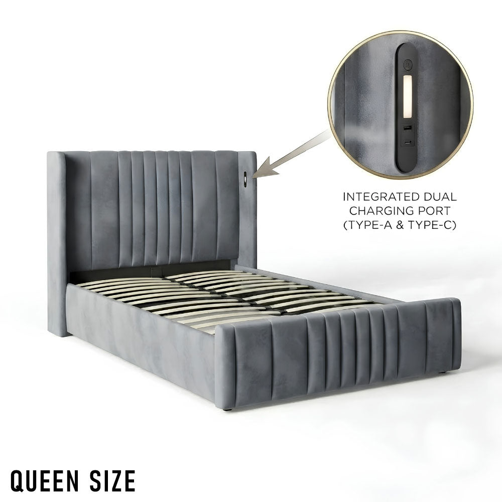 Queen Size Cushion Bed with Storage and Charging Station Velvet Fabric Model: 4465-1G