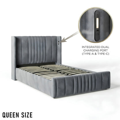 Queen Size Cushion Bed with Storage and Charging Station Velvet Fabric Model: 4465-1G