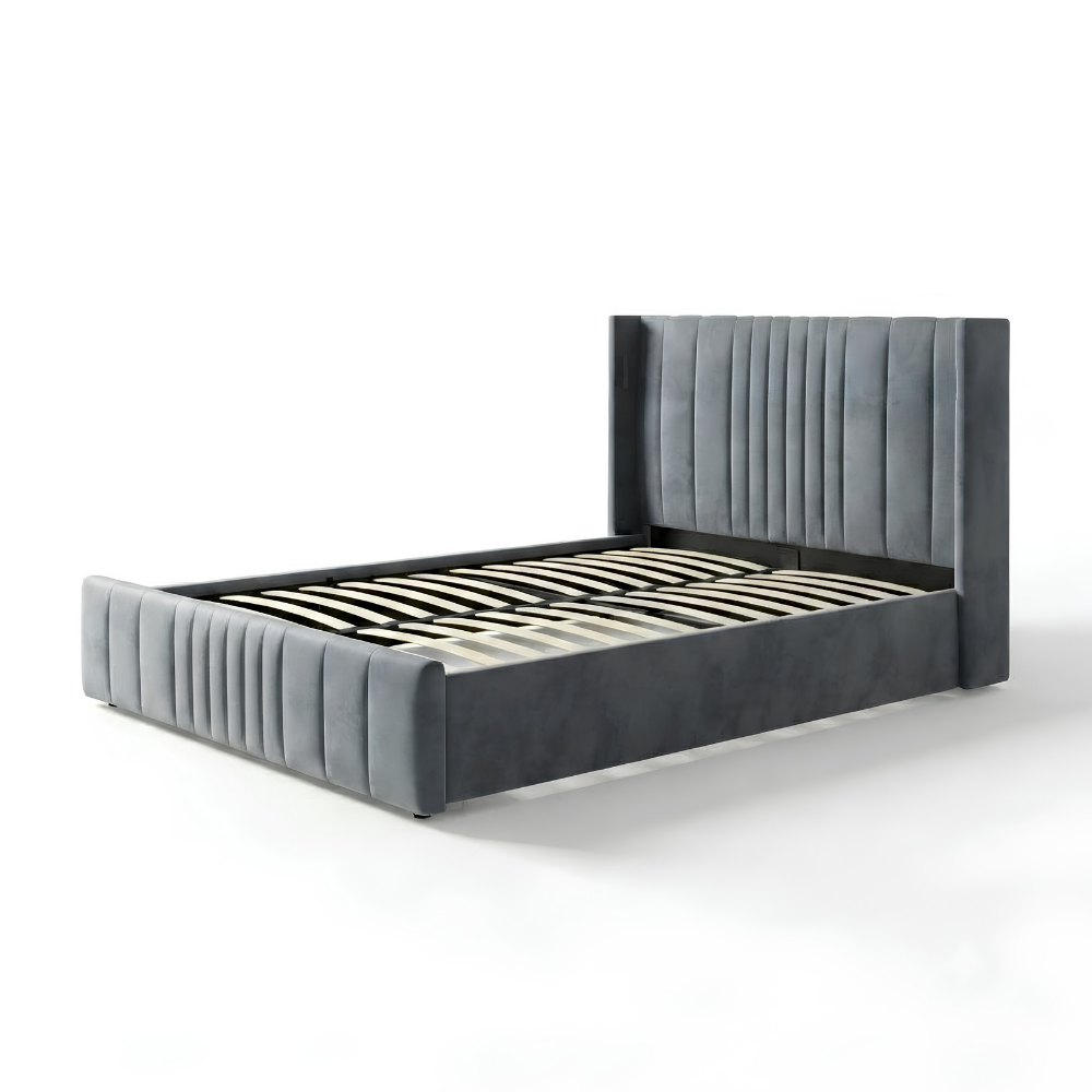 Queen Size Cushion Bed with Storage and Charging Station Velvet Fabric Model: 4465-1G