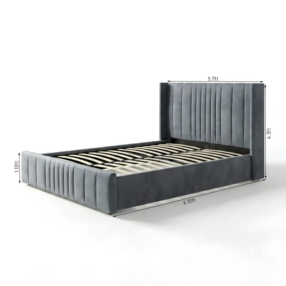 Queen Size Cushion Bed with Storage and Charging Station Velvet Fabric Model: 4465-1G