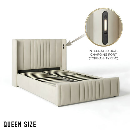 Queen Size Cushion Bed with Storage and Charging Station Leather Model: 4465-1G